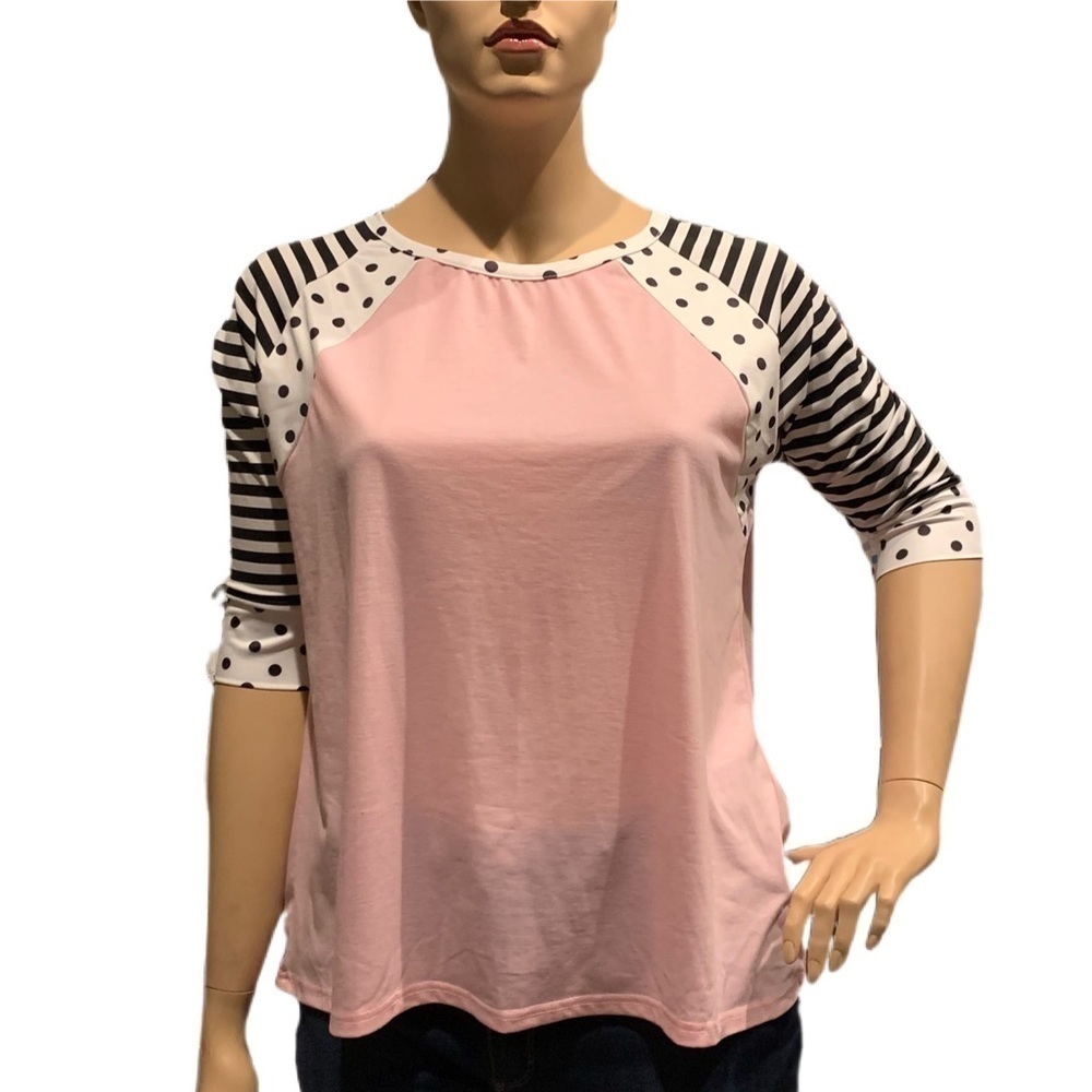 Zeagoo Raglan Sleeved Pullover Plus XXXL Pink with Black & White Stripes & Dots